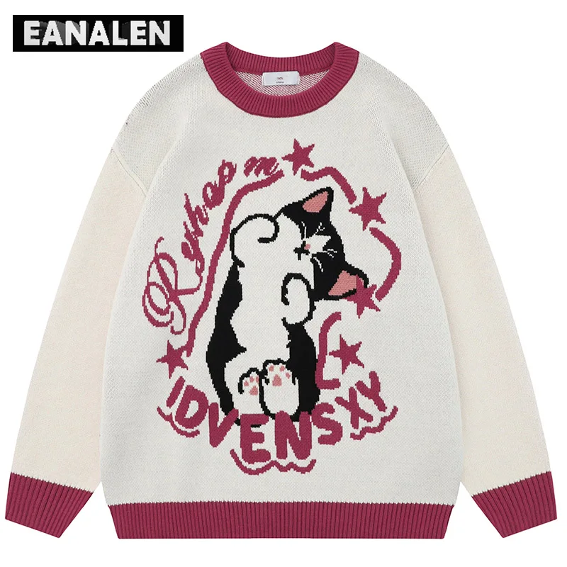 Harajuku Vintage Cute Cat Graphic Sweater Women\'s Winter Y2K Oversized Knitted Pullover Pink Stars Anime Ugly Sweater Grandpa