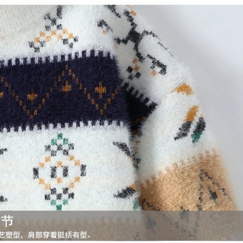 سترات رجالية غير رسمية من صوف المنك المقلد بطباعة نصف ياقة عالية بلوزات عصرية بسيطة هاراجوكو بلوفرات قطيفة سميكة