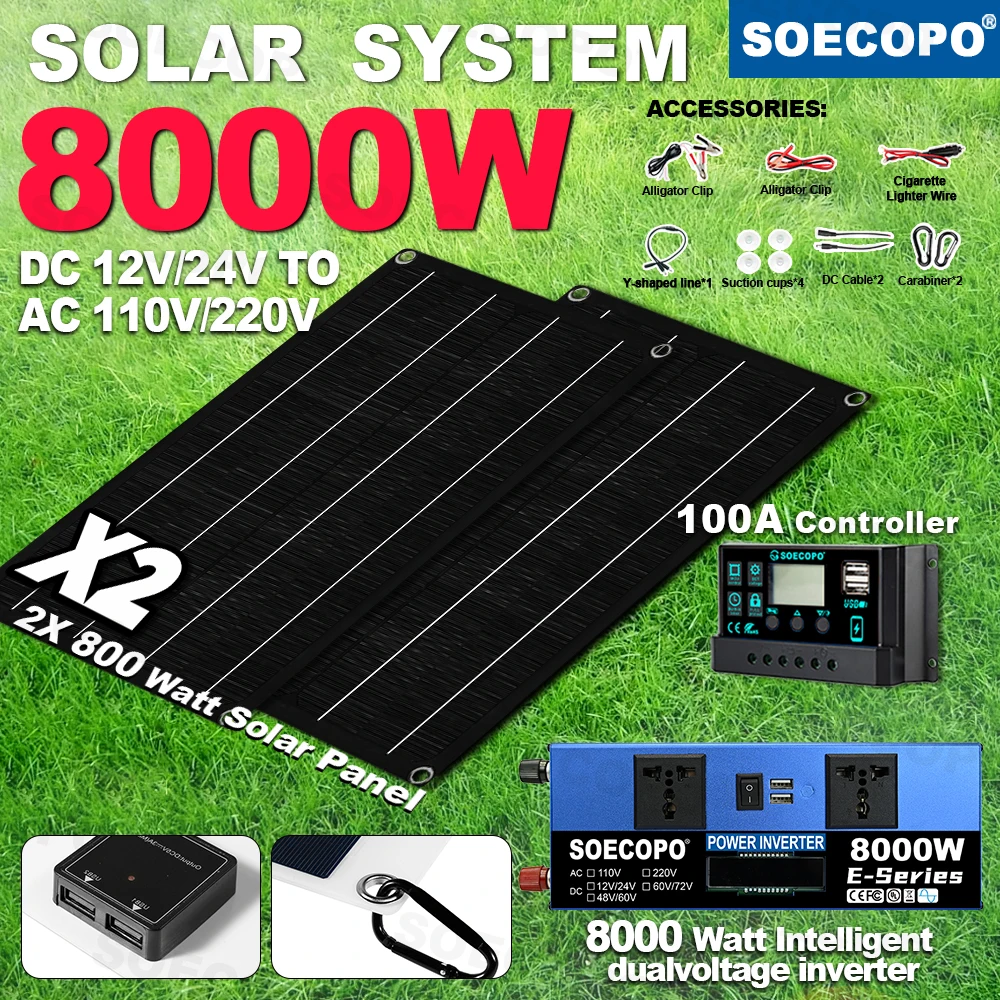 

SOECOPO 8000W Portable Solar System Set 12V/24V - 110V/220V Inverter 2 Sockets 2 X 800W Panels 100A Controller Complete Camping
