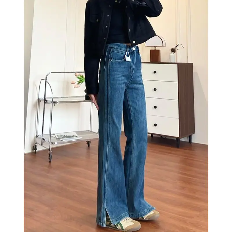 Blue High Waist Wide Leg Bell Bottom Jeans Women plus Size Elastic Slimming Non-Matching Autumn Winter Fashion Split Design