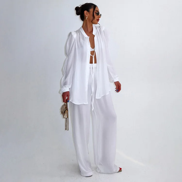 Autumn Sexy Loose White Womens 2 Piece Outfit Set 2026 Fashion Long Sleeve Lace-Up Shirt With High Waist Wide Pants Set Female