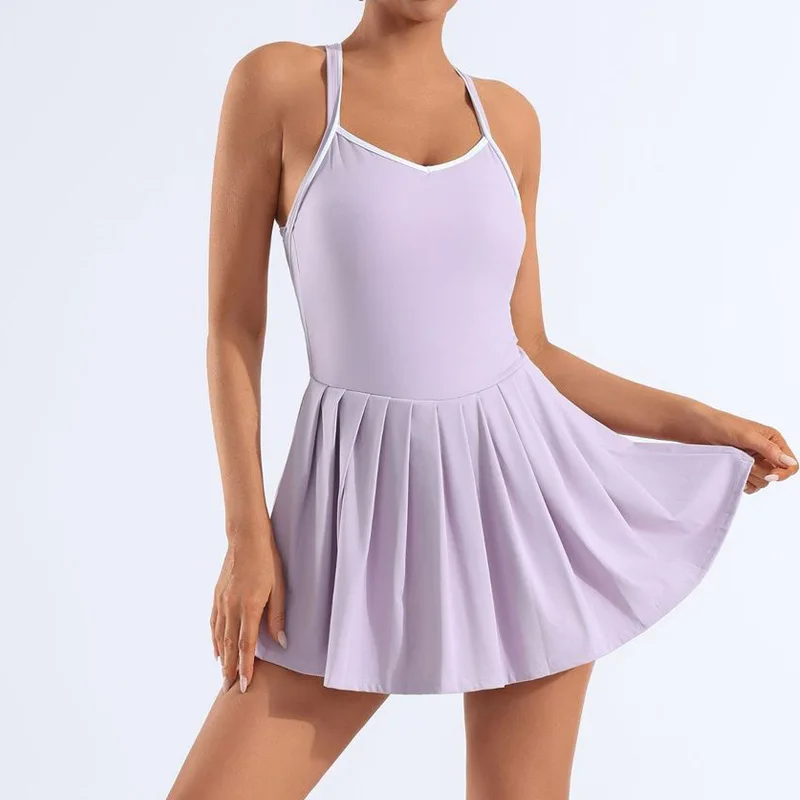 Backless Criss Cross Tennis Dress Contrast Color Padded Pleated Sports Dresses Cloud Feeling Workout Fitness Running Golf Dress