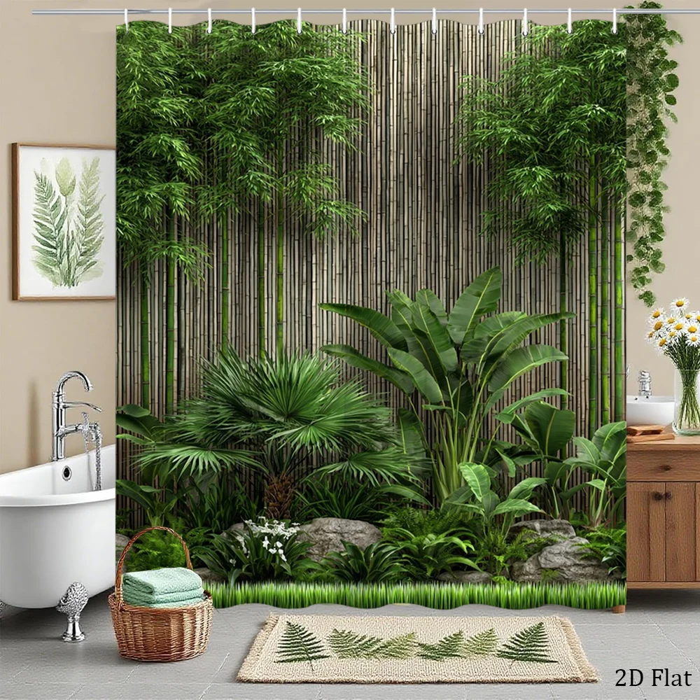 2D Flat, 1pc 2D Flat Tropical Botanical Shower Curtain Jungle Leaf Greenery Bathroom Decor Bath Curtain 70.8x70.8 Inch with 12 H