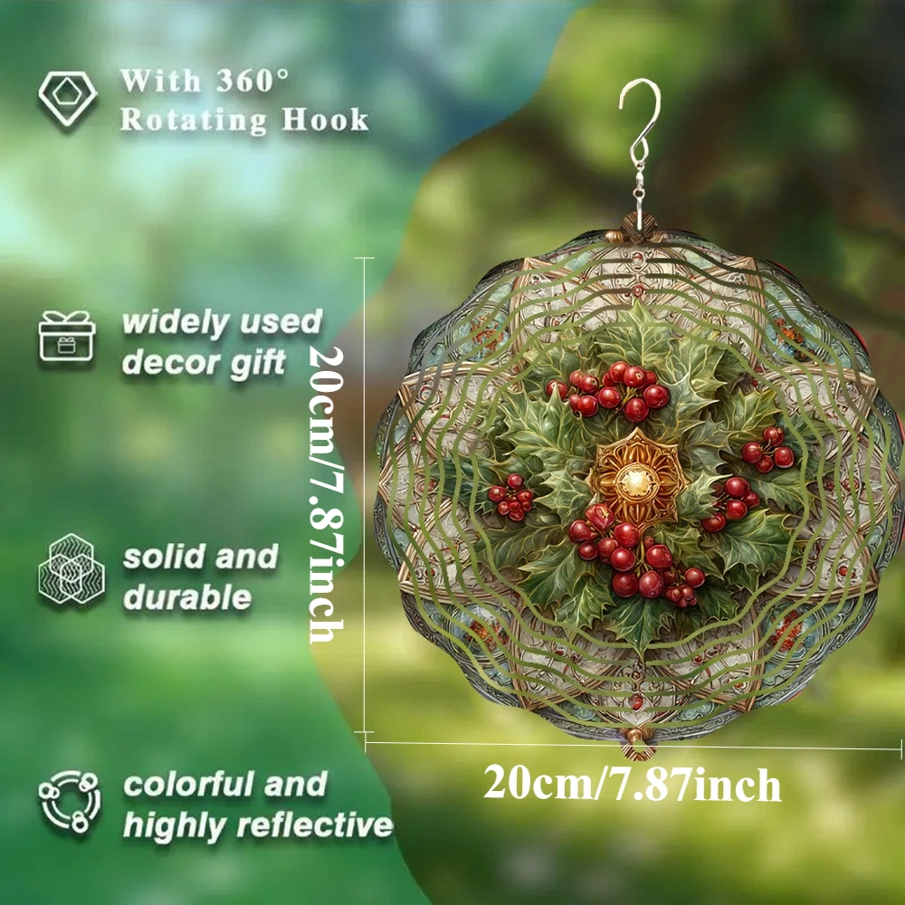 1pc Elegant Holly Berry Wind Chime - Metal Outdoor/Indoor Decoration with 360° Rotating Hook, No Batteries Needed - Christmas