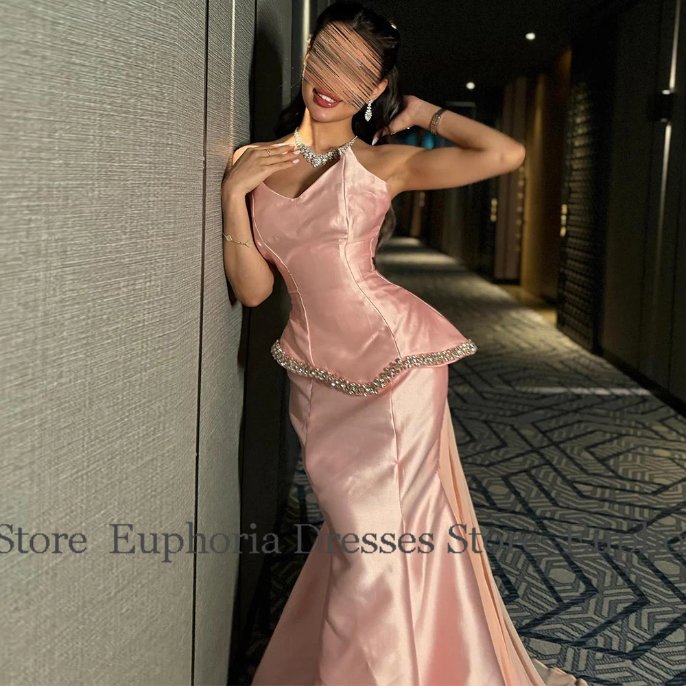 Dubai Luxury Prom Dresses 2025 Satin Mermaid/Trumpet Valentine's Day Dress Rose Pink Sweetheart Rhinestones Tailing Party Dress