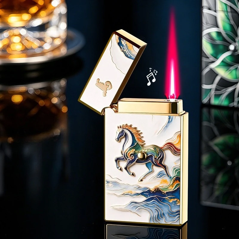 2026 Double Sided 3D Gold Embossed Battery Induction Ignition High End Light Luxury Inflatable Loud Voice Butane Gas Lighter