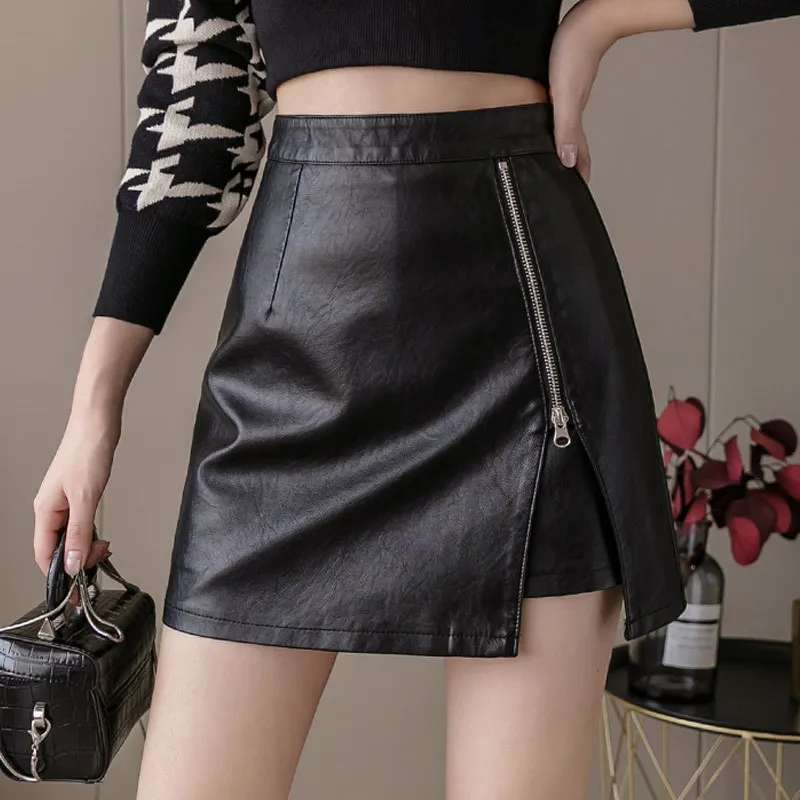 Fashion High Waist Black PU Leather Skirt Womens Autumn and Winter A Word Skirt Professional Short Skirt Hip Wrapped Trouser