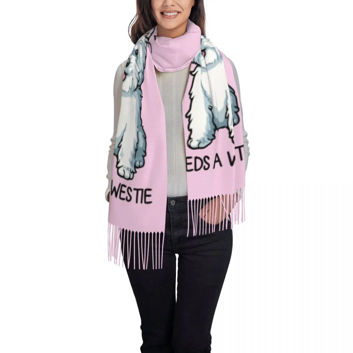 Custom Westie And Wine Funny Dog Cartoon Tassel Scarf Women Soft West Highland White Terrier Shawl Wrap Lady Winter Fall Scarves