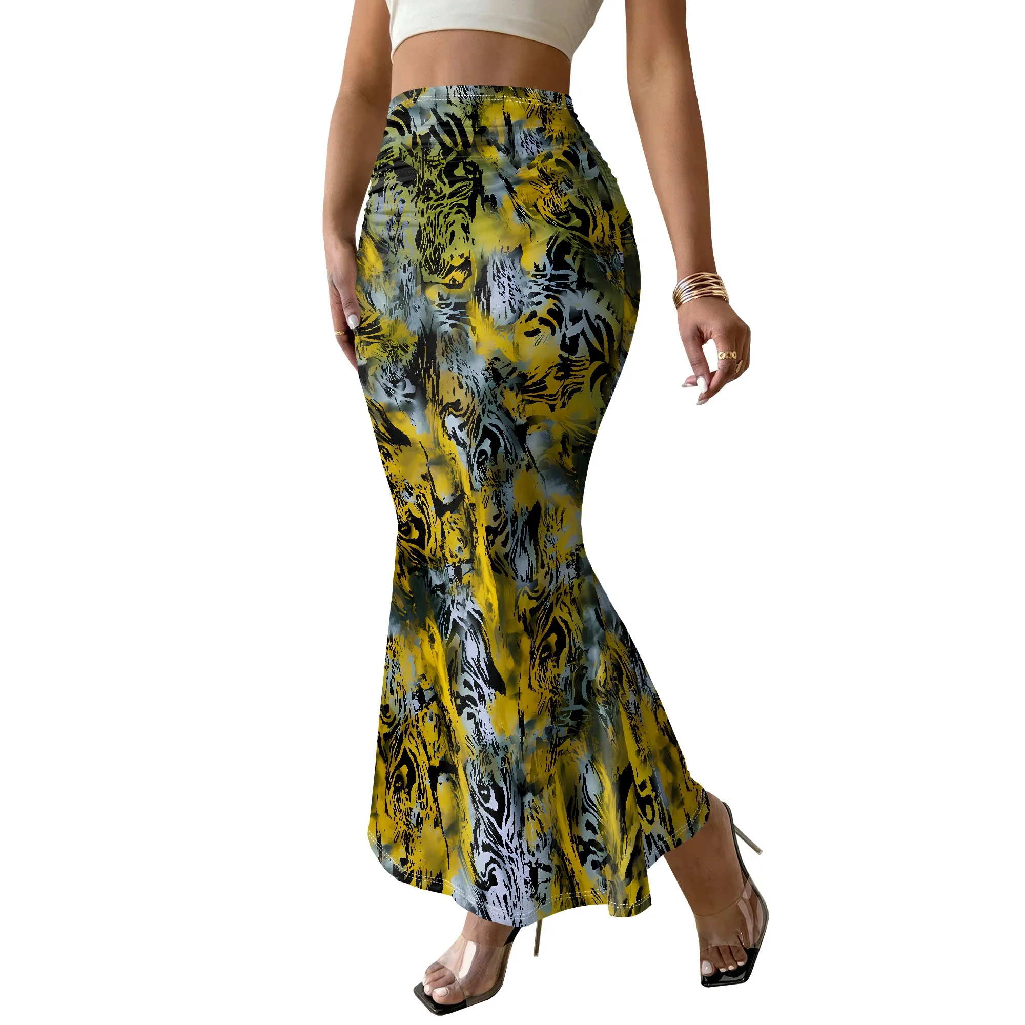 Tiger Print Skirt, Animal Pattern Bottoms, Abstract Beast Design, Yellow Black Fashion, High Waist Fishtail for Women, S-2XL