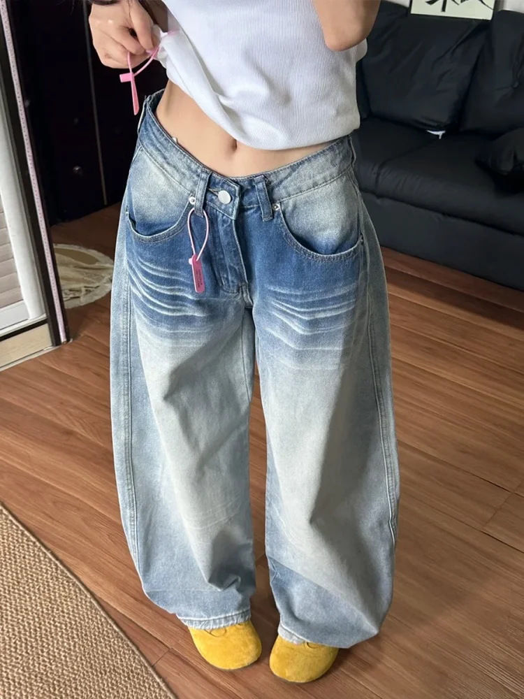 

American Style Fleece Lined Thick Denim Jeans Women's Autumn Winter plus Size Loose Straight Leg Wide Leg Pants High Street