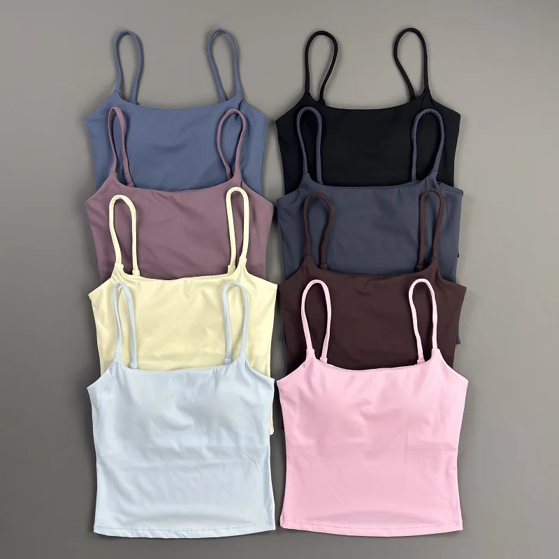 HISTELLO Gym Strappy Top Women Spaghetti Strap Yoga Vest Naked Feeling Slim Sports Tank Top Workout Fitness Pilates Camisole