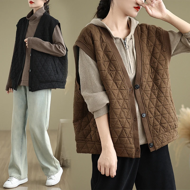 

Хлопковый жилет в стиле ретро с бриллиантами, женский зимний свободный модный жилет большого размера, теплый хлопковый жилет Jaet ort O...