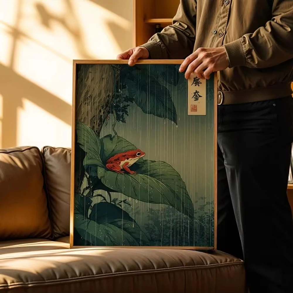 Japanese Frog Canvas Posters Art Vintage Rainforest Print  Funny Animal Japandi Red Frog on Leaf Wall Paintings Room Decortion