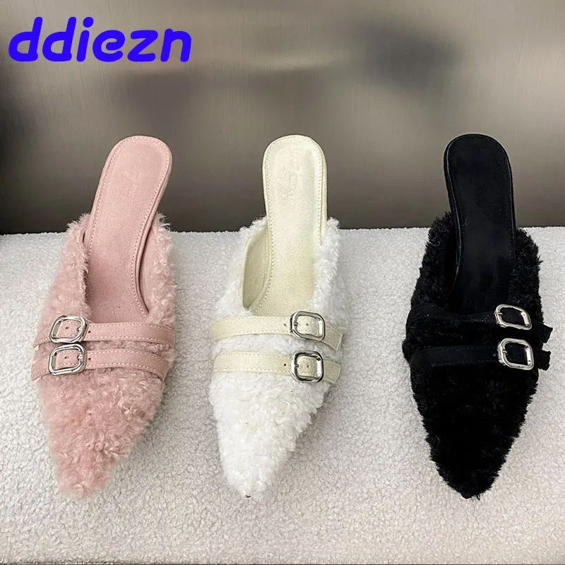 Warm Footwear Pointed Toe Ladies High Heels Shoes With Furry Female Mules Fashion Fur Pumps Slides Heels Shoes For Women