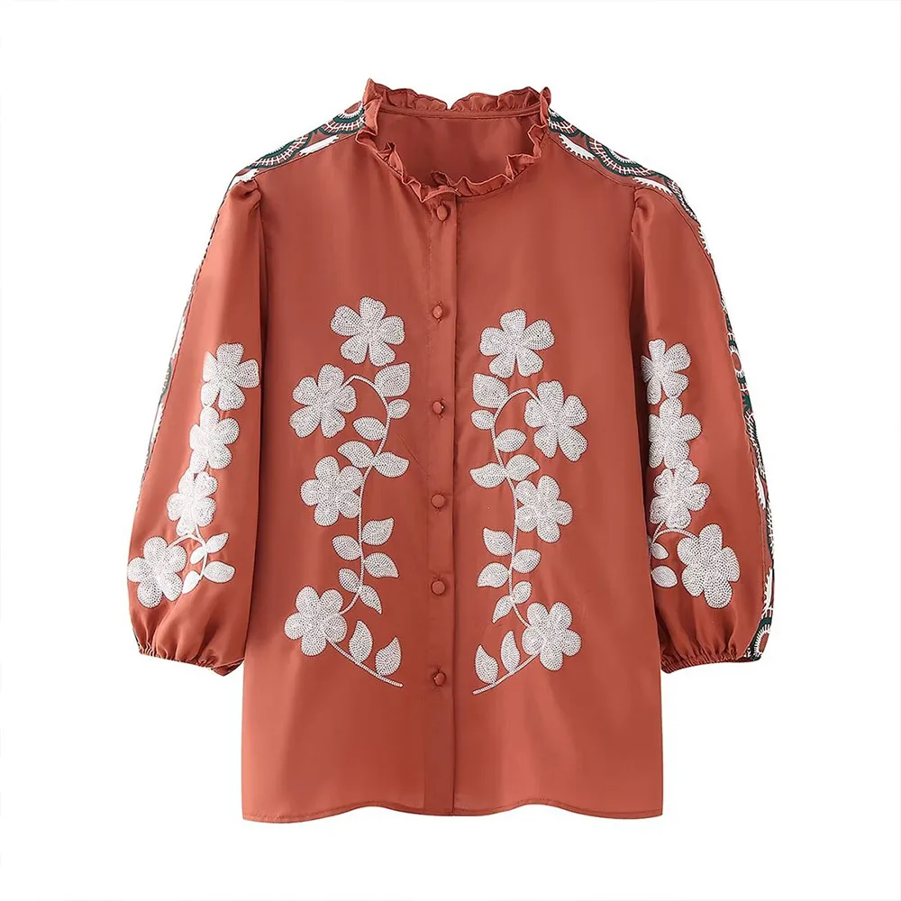 In the summer of 2024, new women\'s stand-up collar chic embroidered long-sleeved fashion slim shirt.