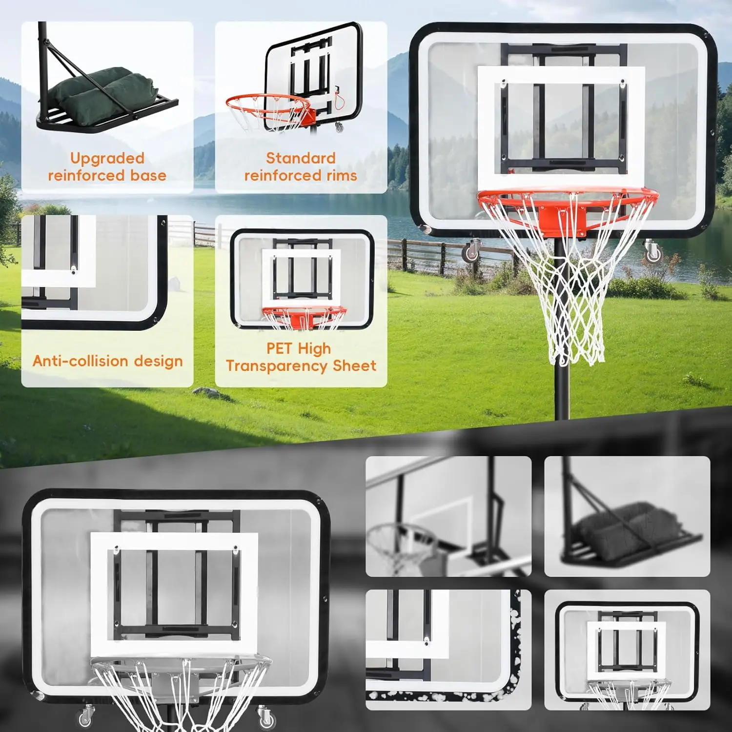 2025 مصنع جديد قابل للتعديل ارتفاع حامل كرة السلة هوب طوي وسادة الشاطئ في الهواء الطلق للفناء الخلفي أو كرة السلة الشاطئ