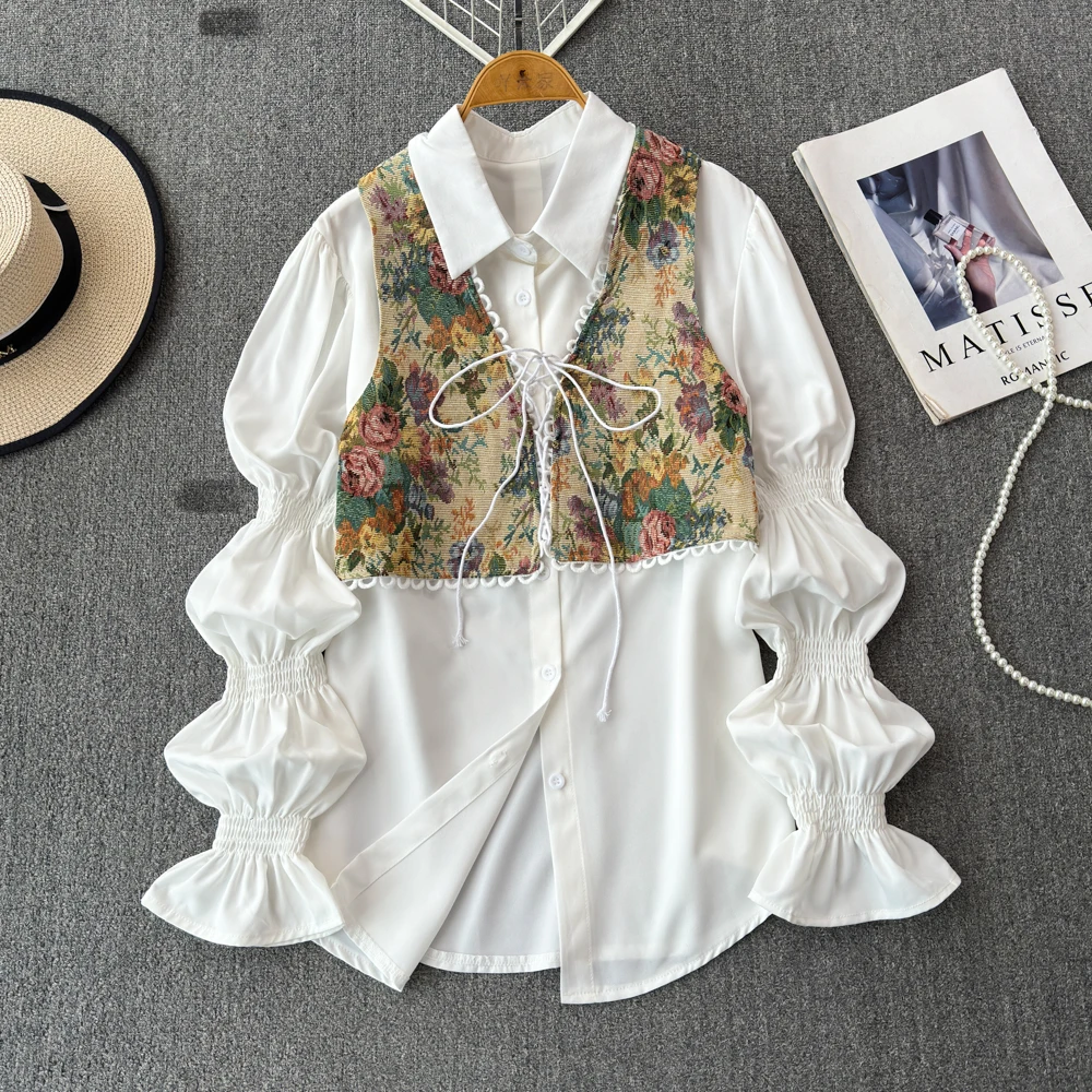 2024 Spring/Summer New Two Piece Shirt VintagePattern Tie Up Vest Mid length A-line Shirt Skirt Set White Black Two Piece Suit