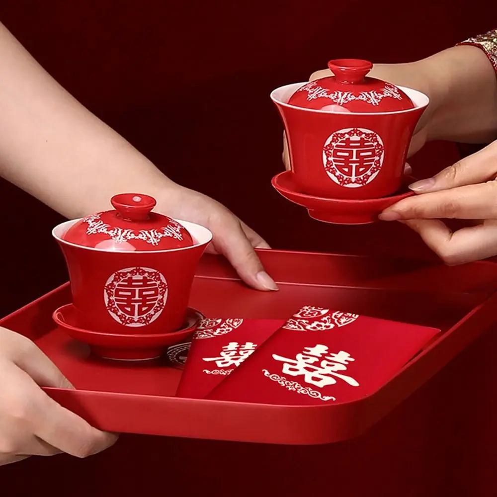 1Pcs Durable Snack Fruit Toast Red Tray Wedding Banquet Festive Supplies Xi Tray Decorative Plastic Chinese Traditional Plate