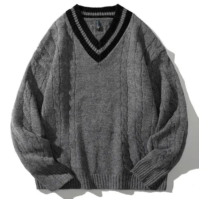 Suéteres de punto de gran tamaño para hombre, jersey negro con cuello en V, prendas de punto a rayas Vintage, ropa de invierno