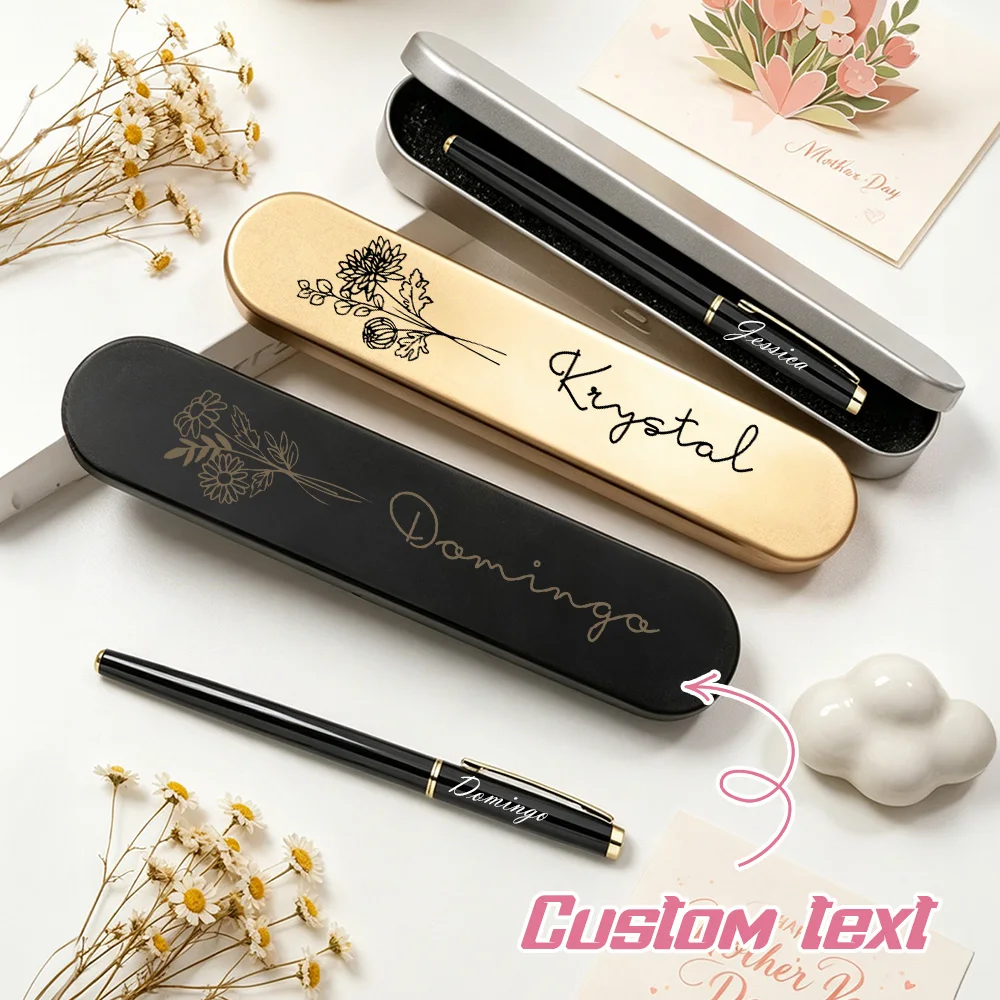 Personalized Custom Engraved Signature Pen with Gift Box, Black Metallic Executive Pen with Gold Trim,