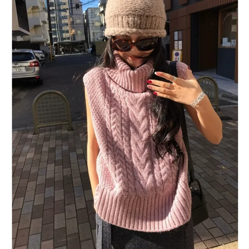 

Women's Loose Knitted High Collar Sweater Vest Autumn Winter Faionable Versatile ort Top Twist Knit Layering High Ne
