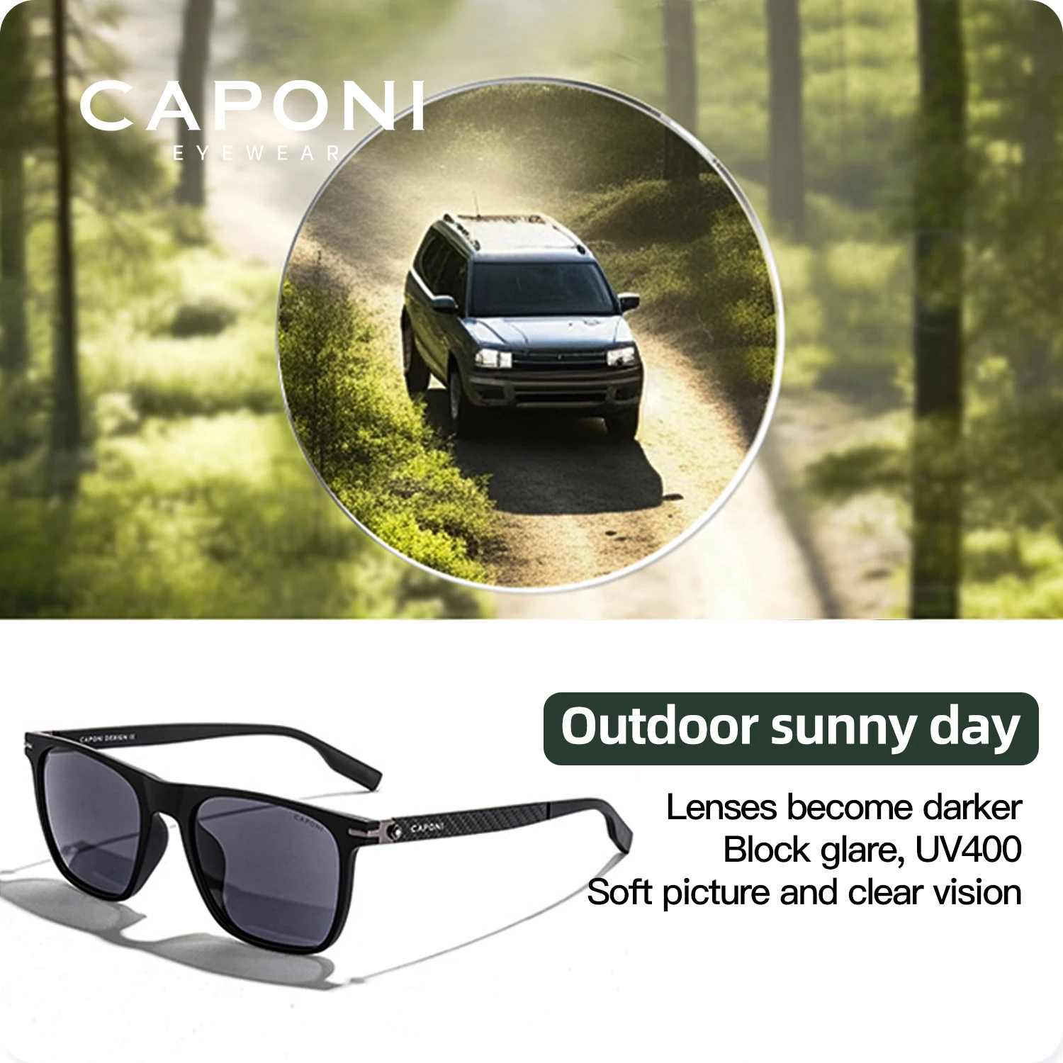 CAPONI New Polarized Sunglasses Classic Driving Men Sun Glasses Outdoor Sunglasses UV400 Square Trend Shades Eyewear BS24716