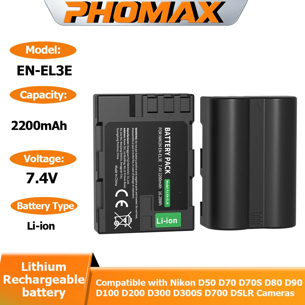 PHOMAX 2200mAh EN-EL3e Battery EN EL3e EL3a ENEL3e Camera Battery for Nikon D300S D300 D100 D200 D70 D70S D80 D90 D50 Accessorie