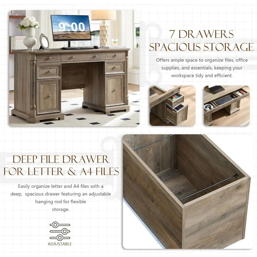 Scrivania direzionale in legno da 55'' con 7 cassetti - Scrivanie per ufficio domestico in fattoria con presa di corrente, scrivania per computer in legno con colonna romana