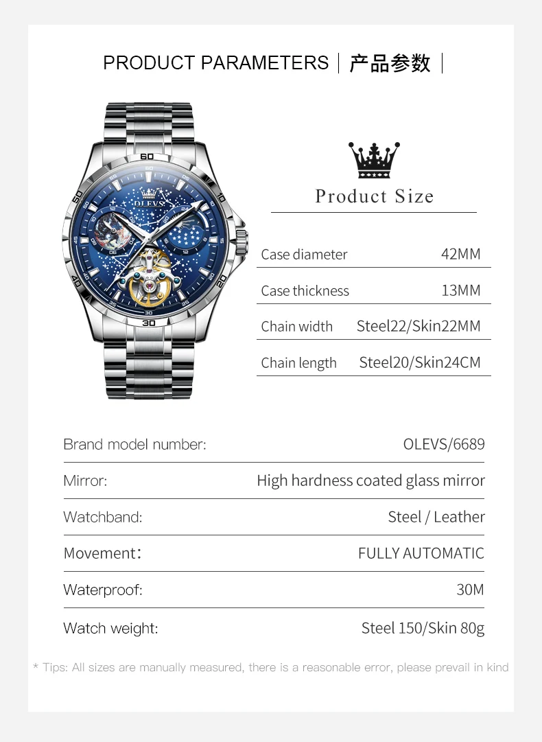 OLEVS 6689 Men\'s Automatic Watch Skeleton Multifunctional Starry Sky Stainless Steel Leather Watchband Luxury Dress WristWatch