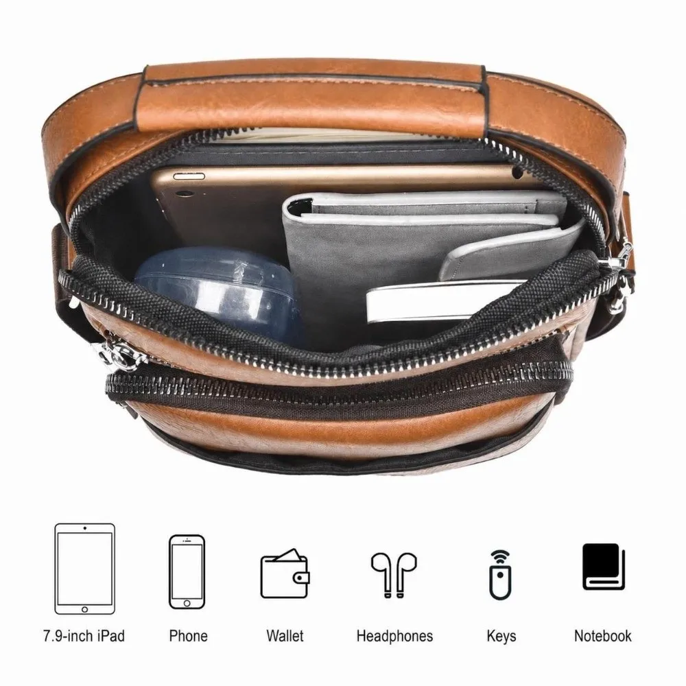 Fashionable Vintage Men Crossbody Bag PU Leather Multi Zipper Pocket Shoulder Bag Top Handle Waterproof Leather Handbag for Men