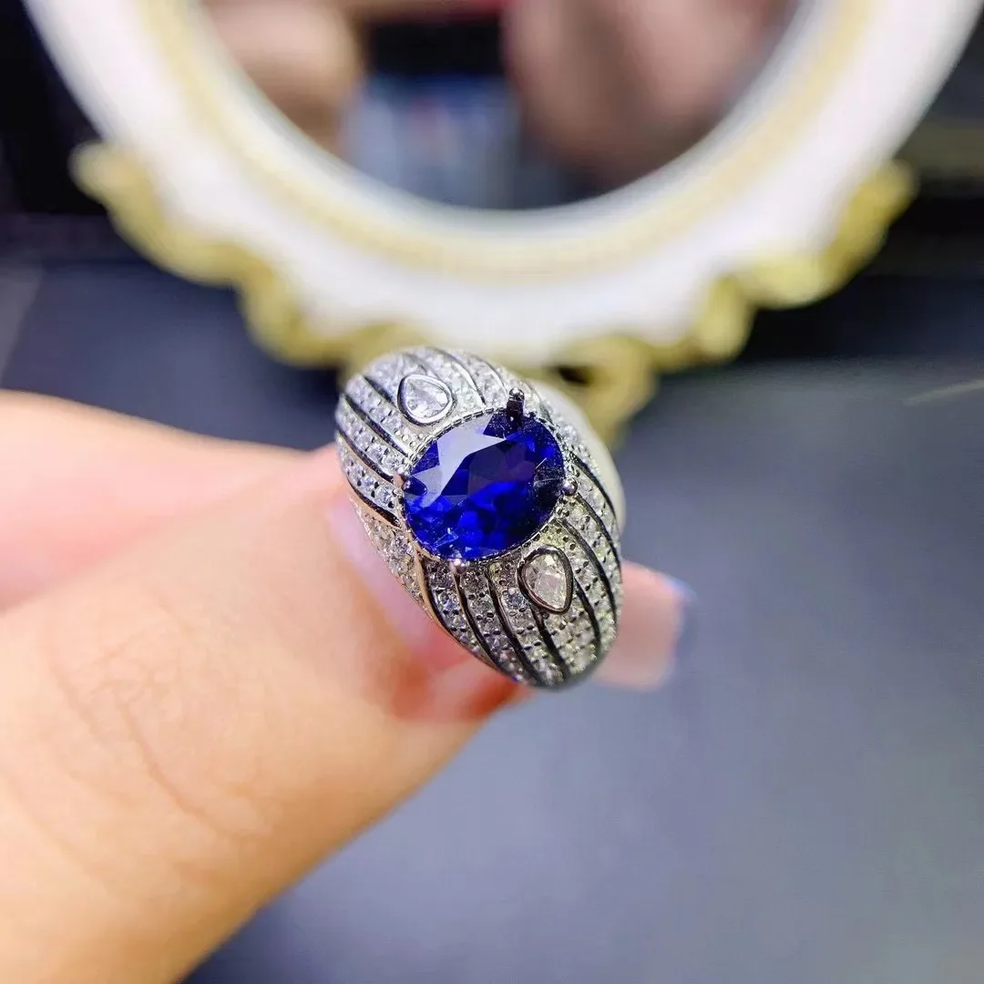 Natural 7*9 Blue Corundum Ring for Women S925 Sterling Silver Fashion Fine Charm Wedding Jewelry