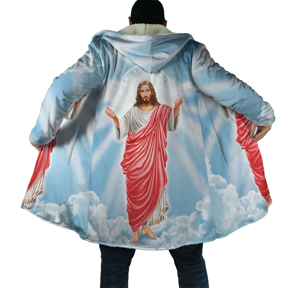 CLOOCL-capa con capucha para hombre, rompevientos de lana con estampado 3D de Jesús, gruesa y cálida, informal, de invierno