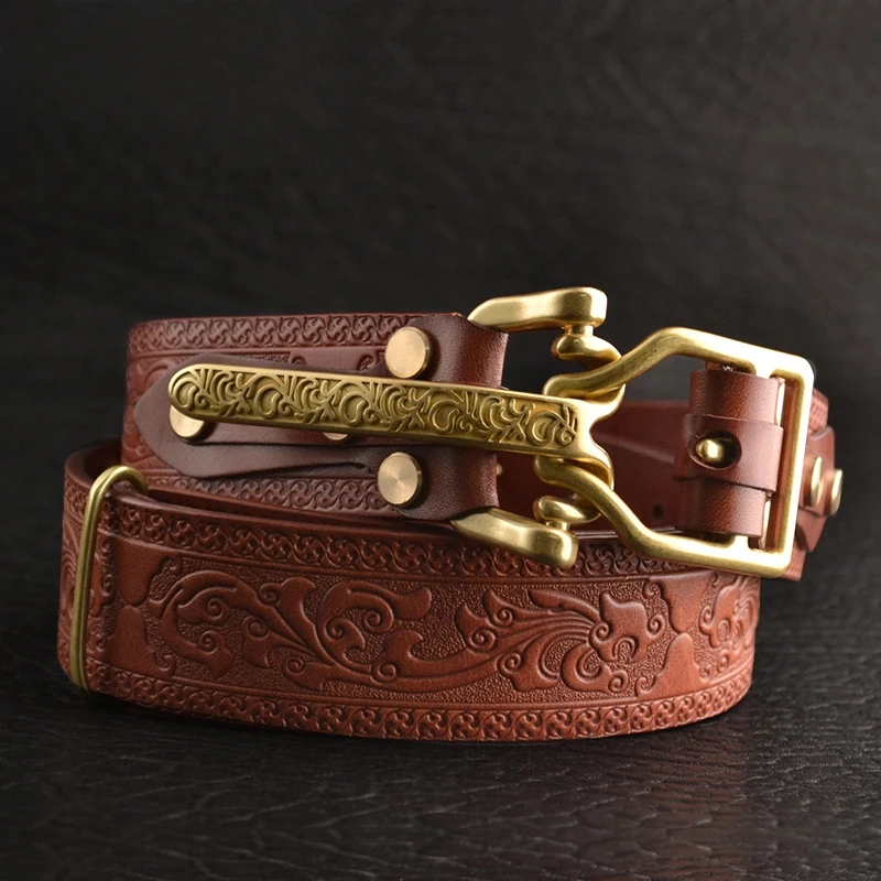 

3.8CM Littleton Braided Pattern Men's Genuine Leather Belt Casual Retro Pure Copper Buckle Cavalry100% Pure Cowhide Leather Belt