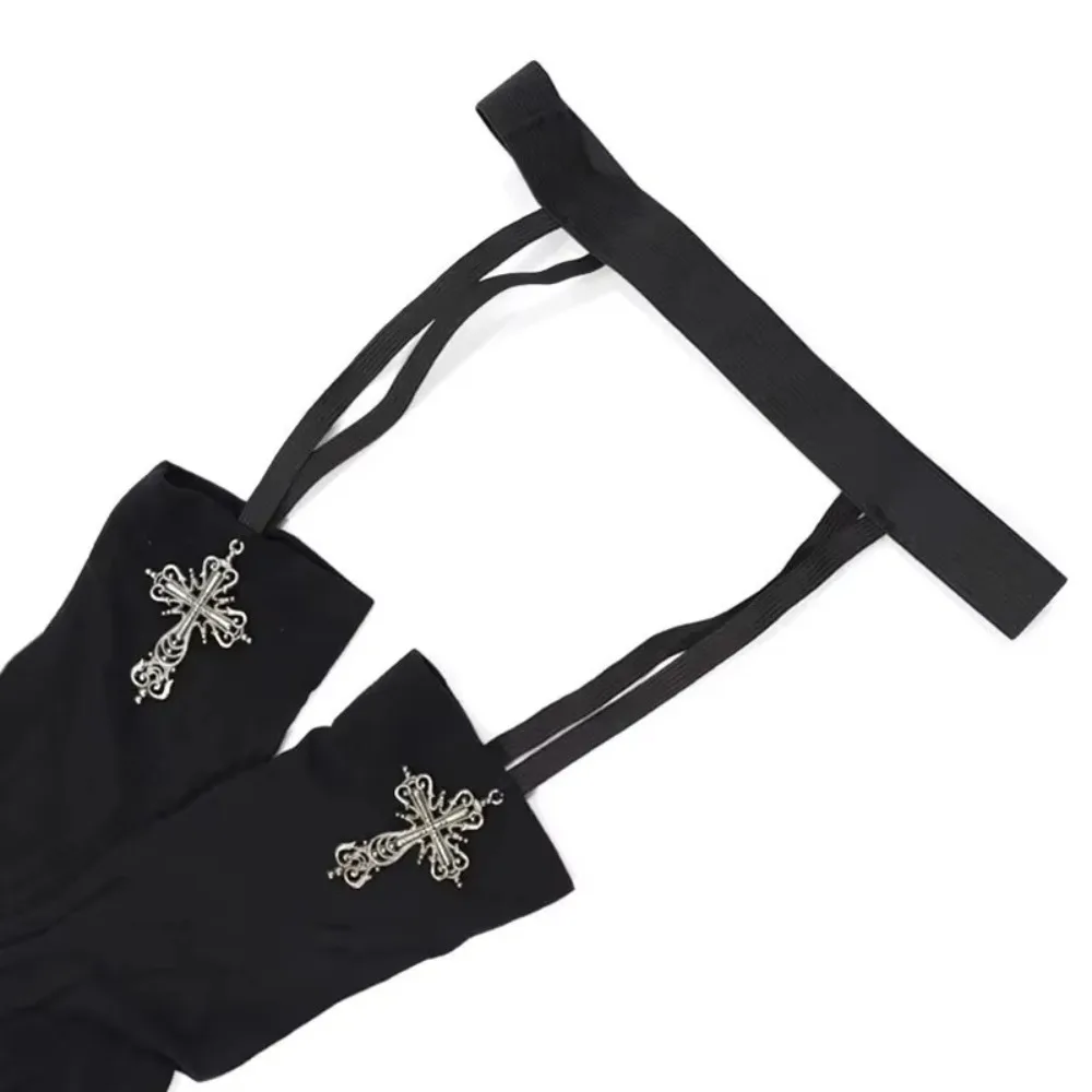 

Personality Cross Decoration Women Suspender Socks Thin Gothic Style Lolita Anime Stockings Irregular Exposed Skin Solid Color