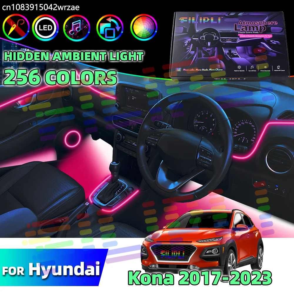 

For Hyundai Kona 2017-2023 Auto Special Scene Neon LED Light Strip 64 RGB Ambient Lamps Bluetooth Control Custom Festival Decor