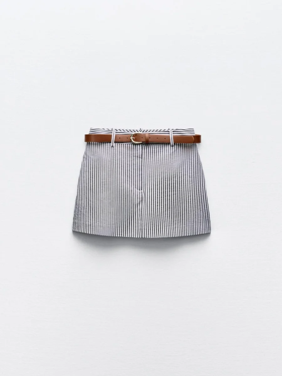 Faionable Casual Stripe ort กระโปรงกางเกงผู้หญิงมาใหม่ฤดูร้อน A-Line กระโปรงสบาย Fit ซิปรายละเอียด
