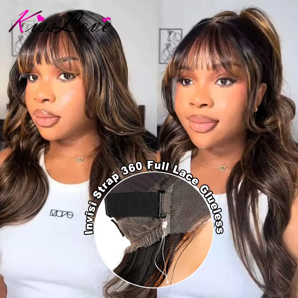 

Highlight Invisi Strap 360 Lace Frontal Wigs Human Hair Layer Cut Body Wave with Bang Glueless Wigs Human Hair Salon Hairstyles