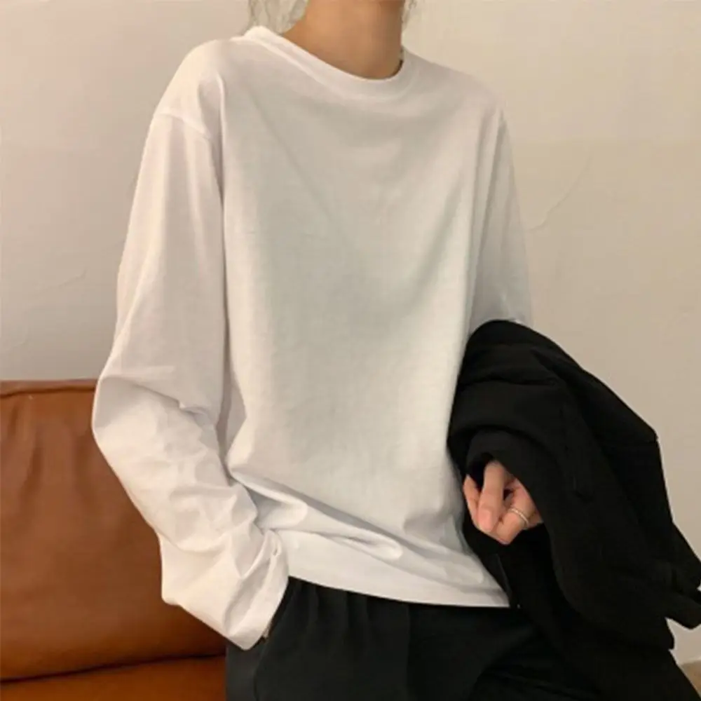 New Round Neck Long Sleeve T-Shirt Solid Color Loose Fit Women's Base Shirt Slight Stretch Crew Neck T-Shirt Autumn Clothing