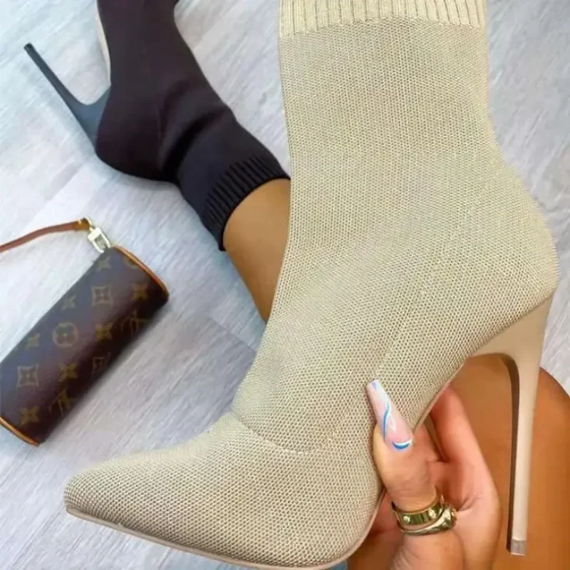 2024 Winter New Women's Boots Short High Heels Women Botas Mujer Knitted Knee-High Black Stretch Fabric Elegant Sock Boots