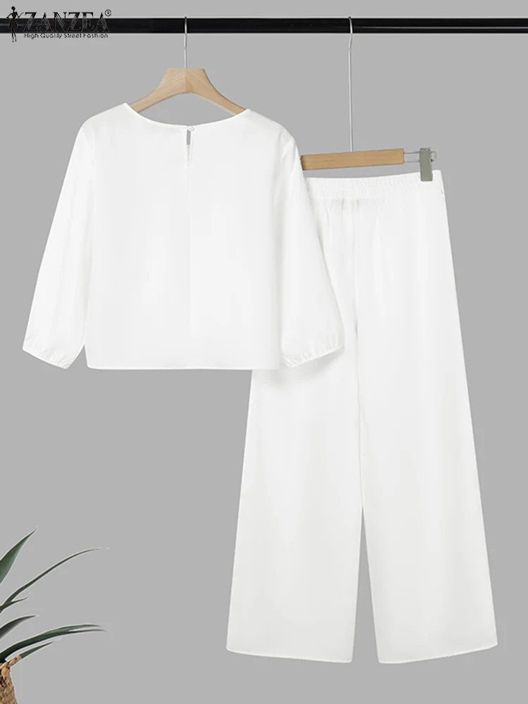 ZANZEA Frauen Breite Bein Hosen Sets Retro Gedruckt Bluse Hosen Elastische Taille Taschen Büro dame Anzüge 2025, Casual Passenden Sets