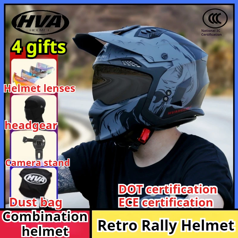 HVA Detachable Combination Helmet DOT ECE Certification Motorcycle Winter Full Helmet Retro Motorcycle Rally Helmet