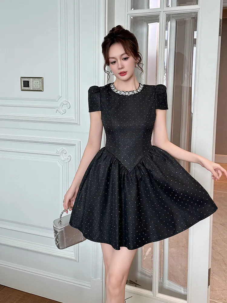 

A-Leibniz Summer New Style MIU Series Waist Collection Puff Dress Black A-line Small Dress for Women 21655