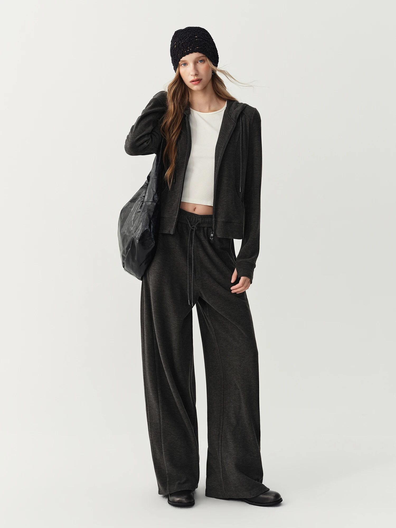 FSLE 2026 New Women's Light Sport Style Casual Hooded Knit Cardigan Jacket Two Piece Set with Draped Long Pants Trendy Outfit
