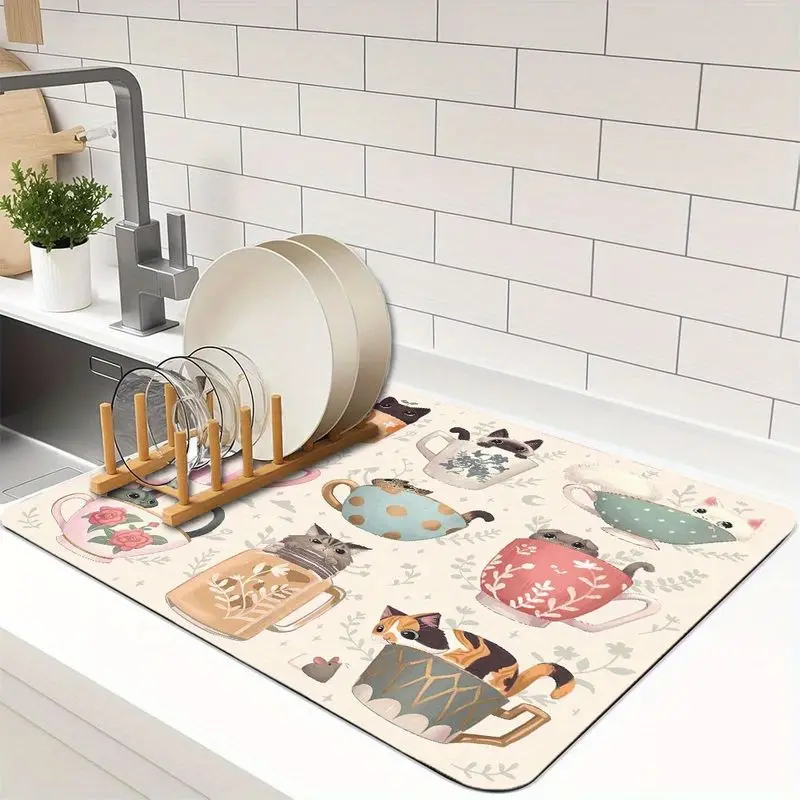 VIKAMA Kitchen Dish Draining Mat Colorful Teacup Floral Print Absorbent Non Slip Mat Cute Kitten Design Home Kitchen Decor