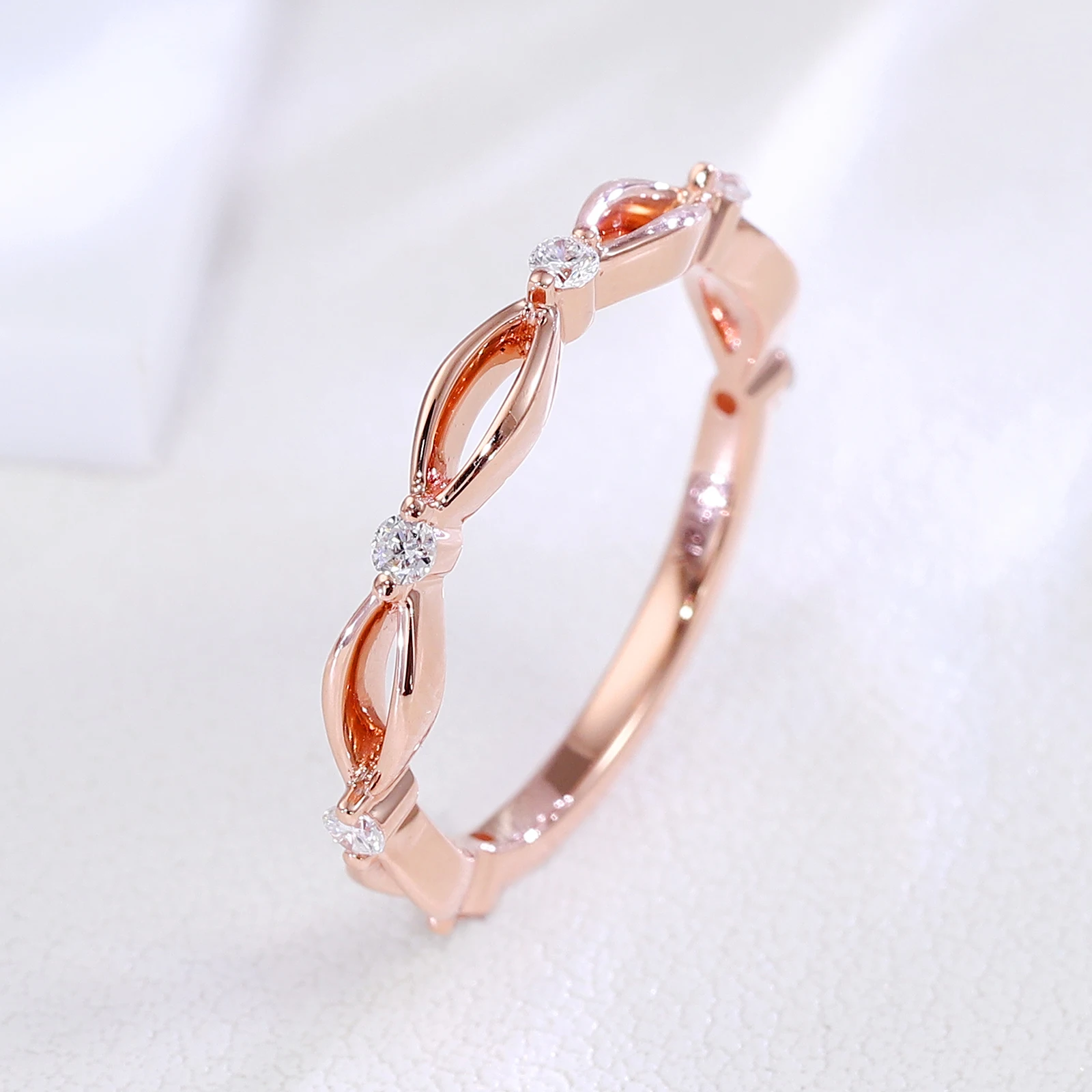 14K Rose Gold Round Cut Lab-Grown Diamond Wedding Ring Stackable Bow Charm Thin Band Dainty Bridal Anniversary Promise Ring