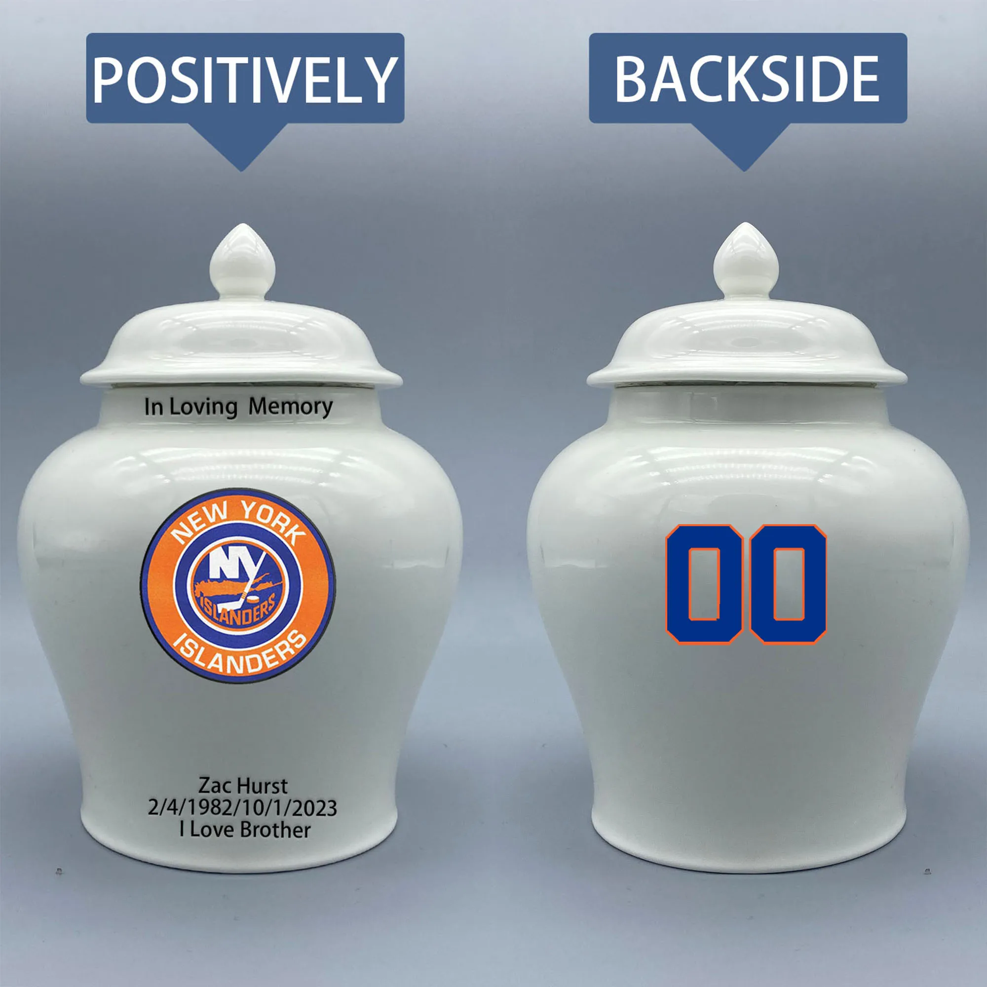 

Medium Urn for New York Islanders-themed Hockey Urn.Please send me the customize information-name/date and number on the urn