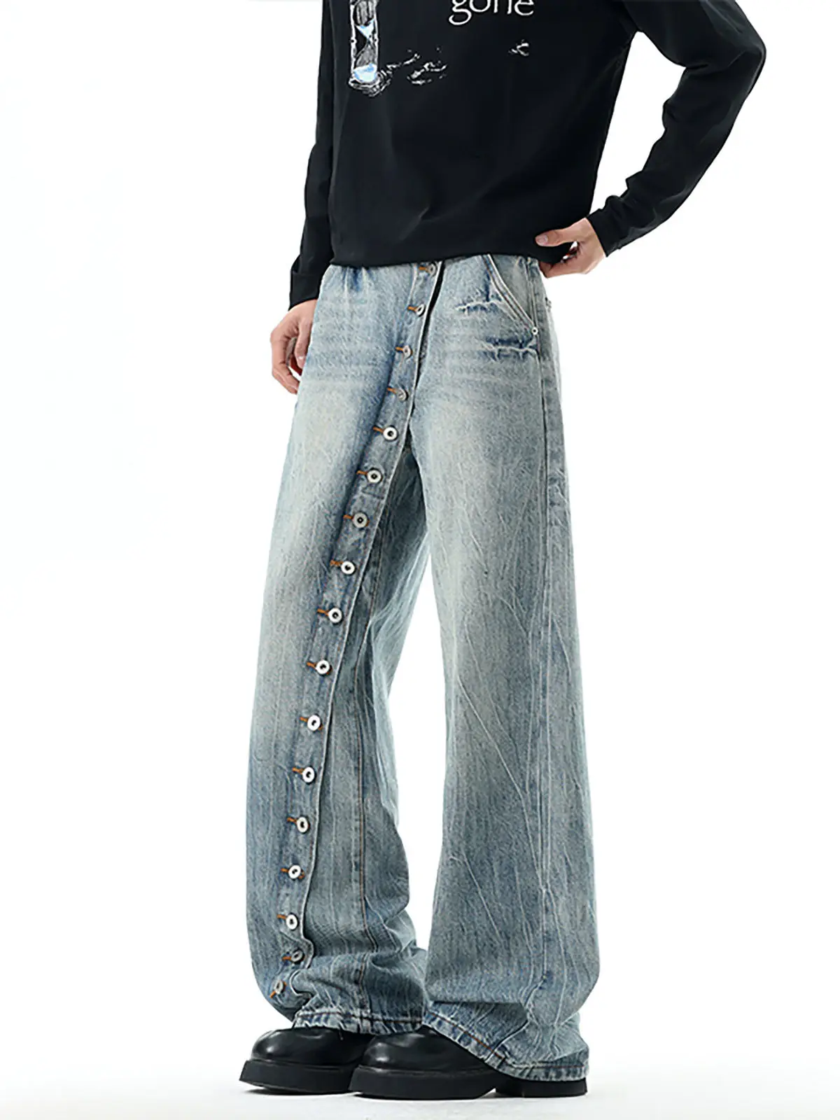 Men's Washed Single Breasted Jeans Spring New American Casual Fashion High Street Male Blue Straight Leg Denim Pants