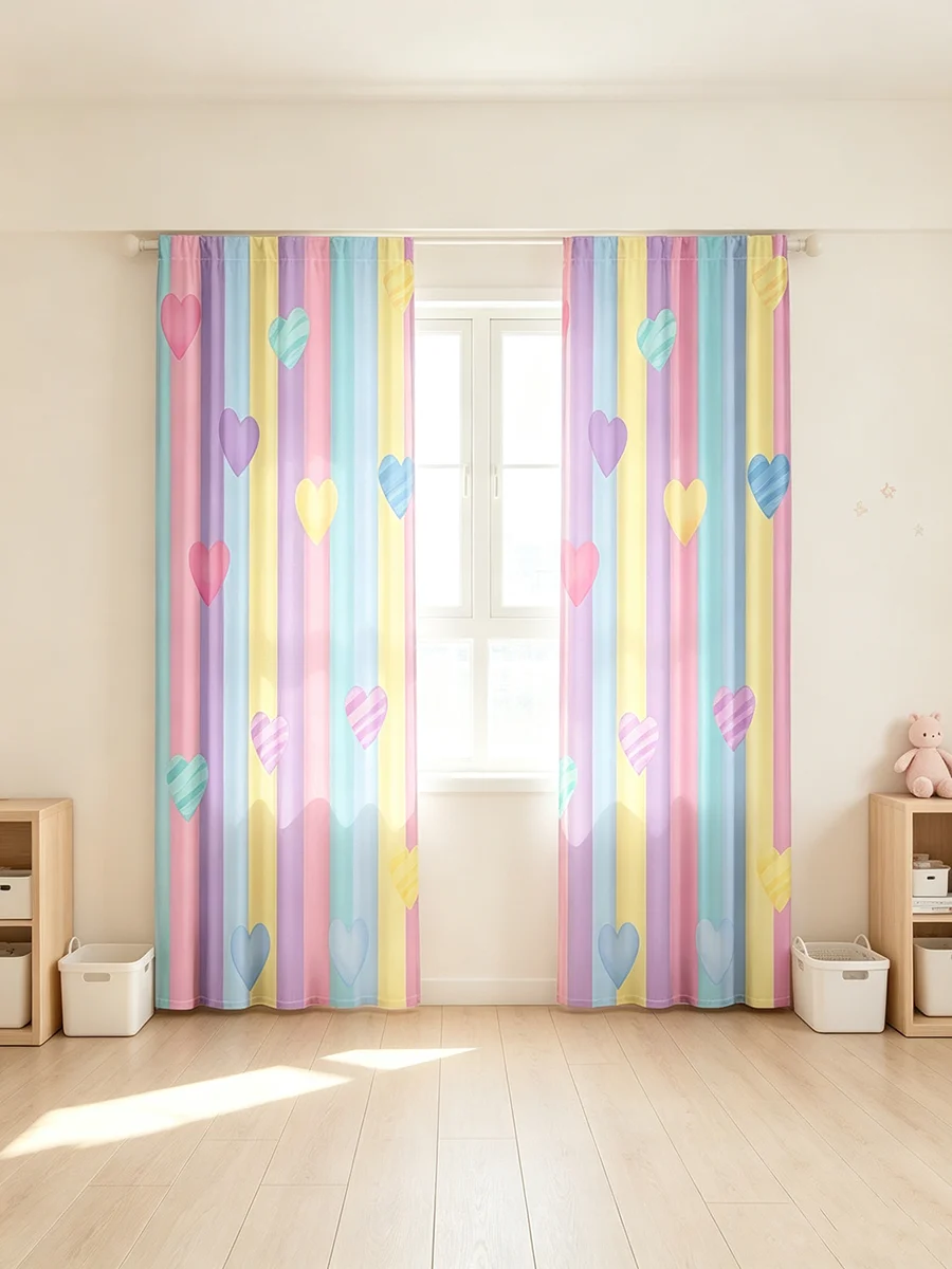 2PCS Digital Printed Curtains, Soft Rainbow Stripes Vertical Heart Pattern, Girly Cute Style for Kids Bedroom Living Room Home D