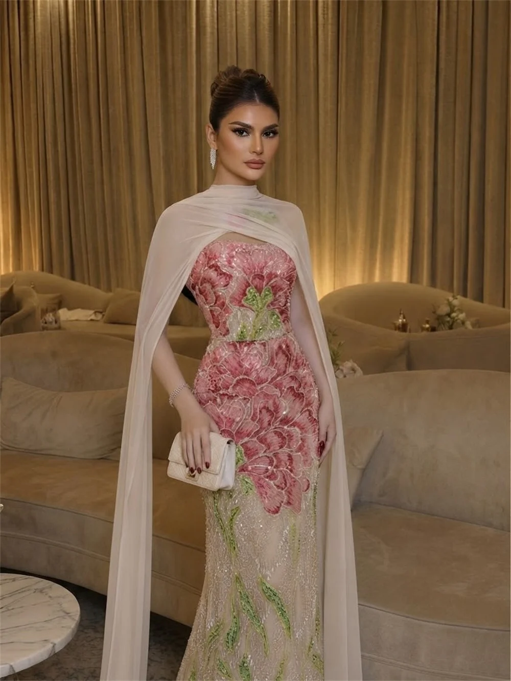 Amanda Customizd Detachable High‑neck Cape Strapless Column Prom dresses Beaded Floral Sequin Appliqués Elegant Women's dresses