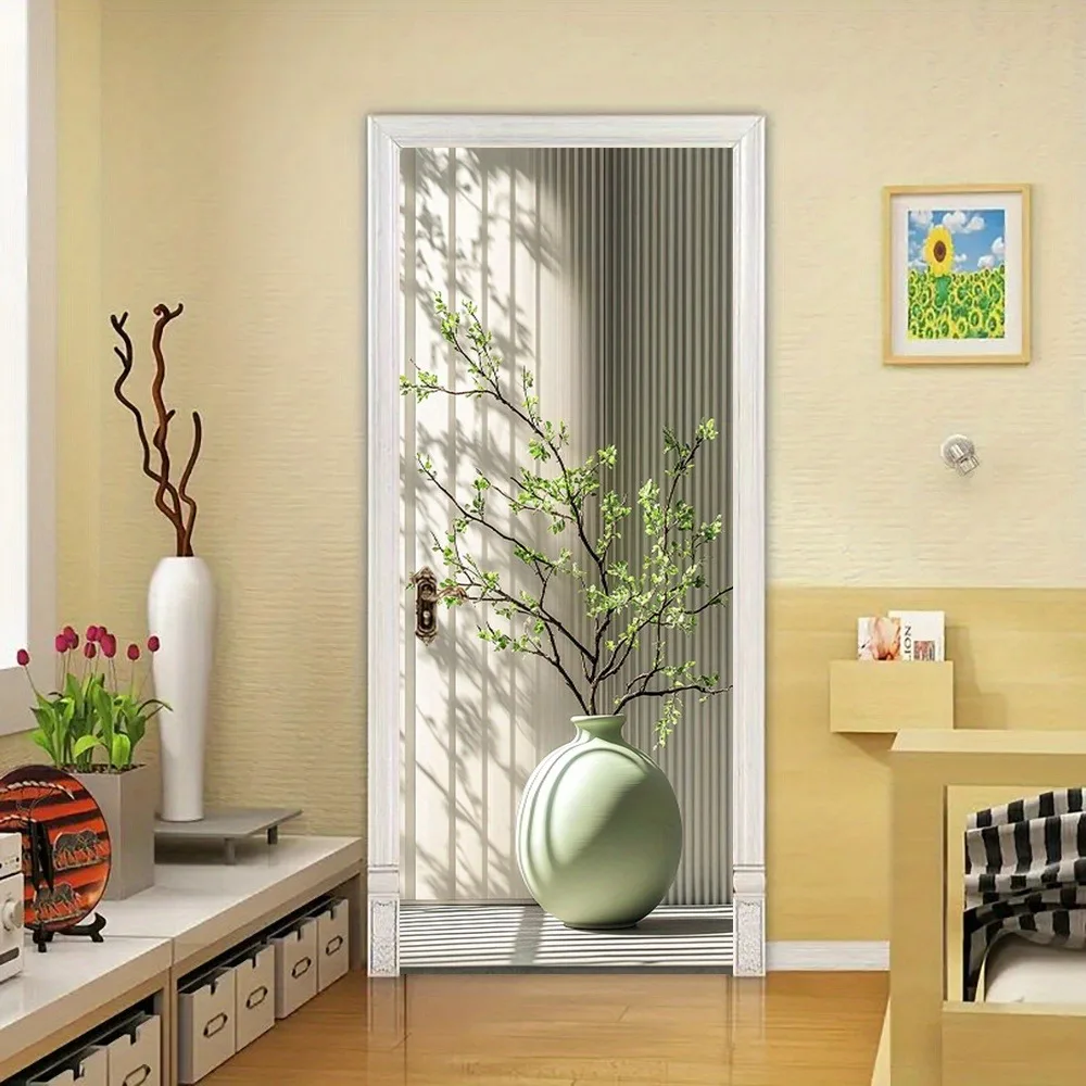 Tranquil Vase Branches Wall Door Sticker Self-adhesive Waterproof Wallpaper Decals Home Decor Door Wall Sticker Poster